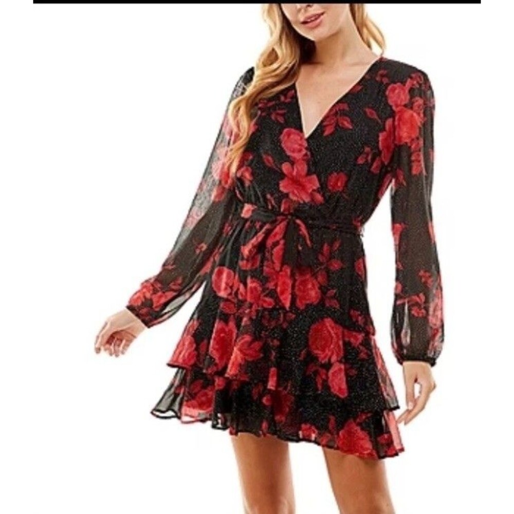 City Triangles Dress Sz 13 Black Red Rose Floral Tiered Ruffle Long Sleeve Wra